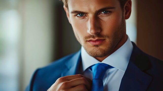 Professional man adjusting tie stylish confident portrait