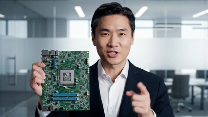 Businessman Presenting Tech Innovation - A businessman in a modern office setting holds up a circuit board, pointing towards it while looking directly at the camera. - Powered by Adobe