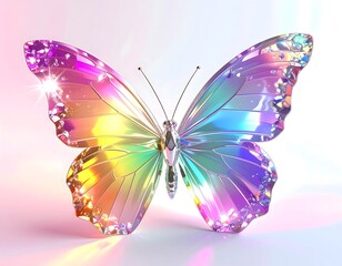 A stunning, iridescent butterfly with rainbowcolored, crystallike wings, sparkling with light, set against a soft, ethereal gradient background, symbolizing transformation and beauty