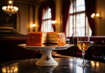 Obraz premium Hungarian Dobos Torte with a shiny caramel glaze and a glass of wine in a classic cafe