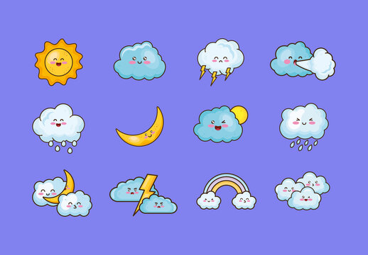 Blue Kawaii Weather Cartoon Illustration Set