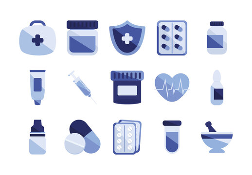 Blue Pharmacy Medicine Healthcare Illustrations Set