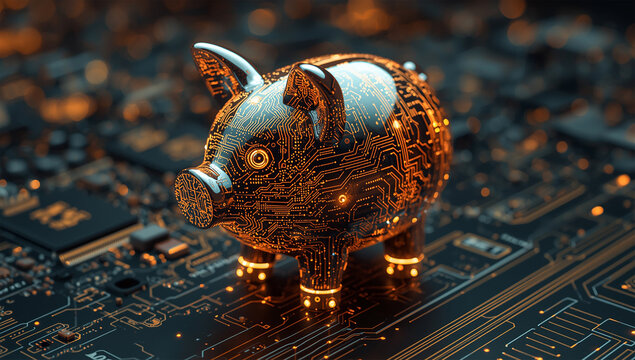 Futuristic piggy bank with glowing circuit patterns on a motherboard surface