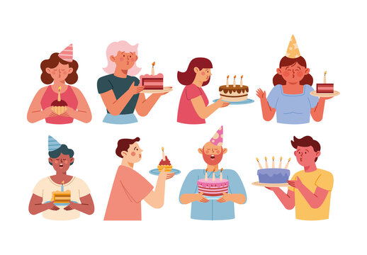 Colorful Birthday Candles Celebration People Illustrations Set