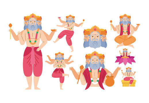 Colorful Brahma Hindu Deity Mythology Illustrations Set