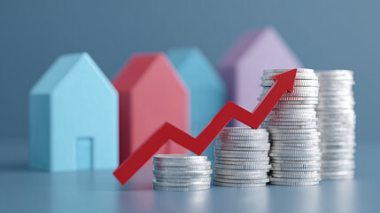 3D render illustrating rising real estate prices: stacks of silver coins accompanied by a red upward arrow chart, symbolizing growth. 