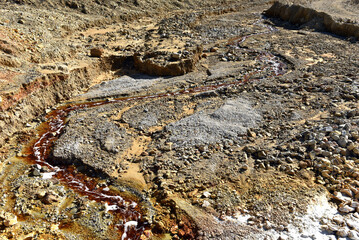 Acid mine water drainage flow, toxic mine waters polluting the environment