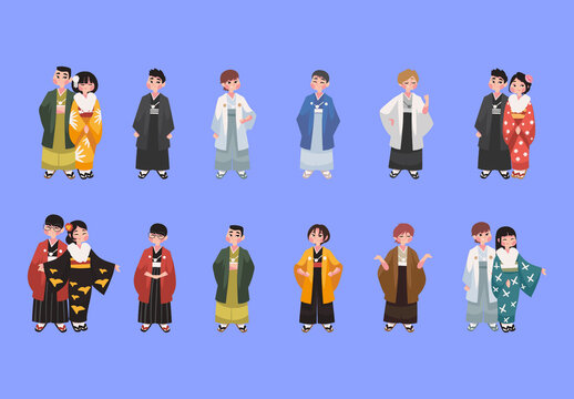 Colorful Coming Of Age Day Tradition Illustrations Set