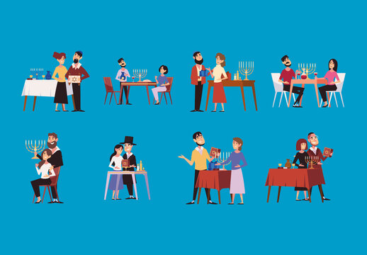 Colorful Couple Hanukkah Festival Celebration Illustrations Set
