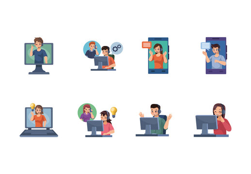 Colorful Customer Support Communication Illustration Set
