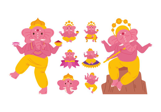 Pink And Yellow Ganesha Hindu Festival Illustrations Set