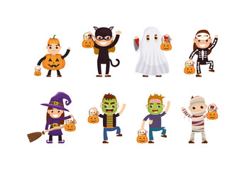 Colorful Halloween Costumes Kids Illustration Set
