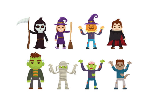 Colorful Halloween Characters Cartoon Illustration Set