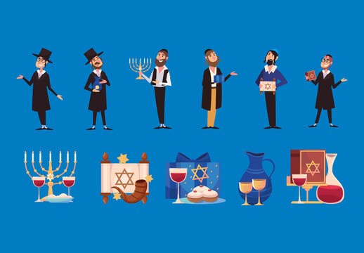 Colorful Hanukkah Jewish Religion Celebration Illustrations Set
