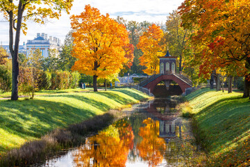 Cross bridge in autumn in Alexander park, Tsarskoe Selo (Pushkin), Saint Petersburg, Russia