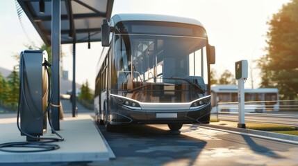 A modern electric bus at a charging station in a city setting. The bus is sleek and futuristic, surrounded by greenery and urban infrastructure.