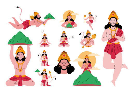 Colorful Hanuman Hindu Epic Mythology Illustrations Set
