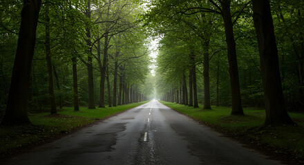 Peaceful Forest Road Lined with Tall Green Trees in Summer