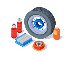 Car tire and maintenance supplies isometric illustration isolated on transparent background