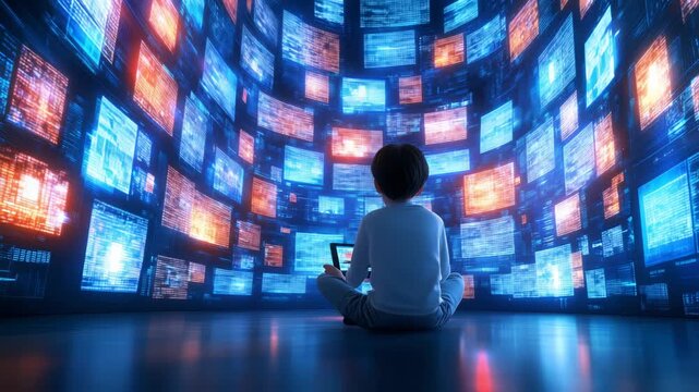 Young boy sitting cross-legged, holding digital device, surrounded by curved wall of glowing digital screens displaying data and information in blue and red hues.