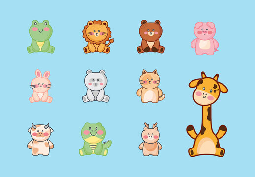 Colorful Kawaii Animals Cute Illustrations Set