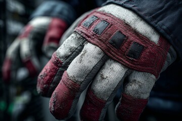 Red-and-white work gloves show heavy wear, dirt, and paint stains, hinting at hard labor and dedication. The image captures grit, craftsmanship, and the marks of effort.