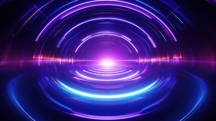 Futuristic glowing vortex tunnel with vibrant purple and blue neon light creating dynamic high tech digital effect