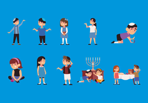 Colorful Hanukkah Jewish Kids Celebration Illustrations Set