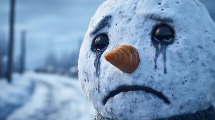 An extreme close-up of a sad snowman's face, an emotional portrait of a crying character, a beautiful and melancholic image of melting tears, a symbol of loneliness, depression and the end of a season