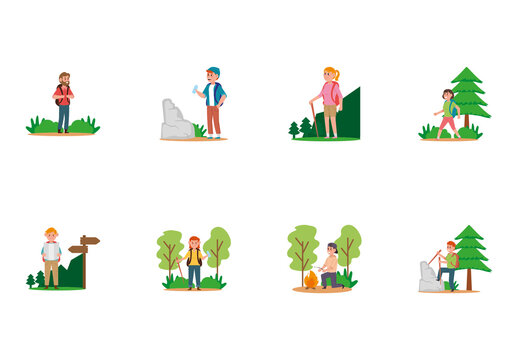 Colorful Hiking Adventure Explorer People Illustrations Set