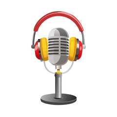 Vintage microphone with headphones isolated on transparent background