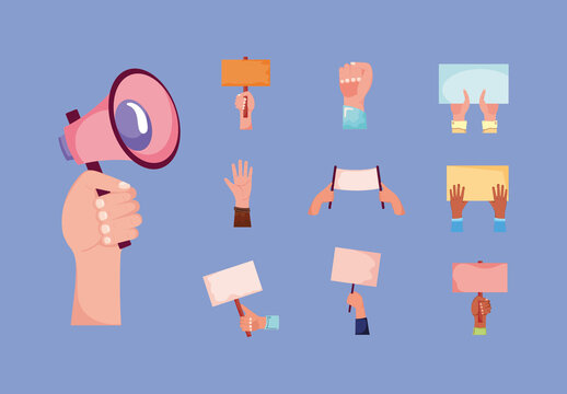 Colorful Protest Hand Placard Megaphone Illustrations Set