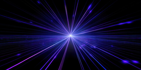 Radiating blue and purple laser beams create symmetrical wide shot with glowing light effects on black background