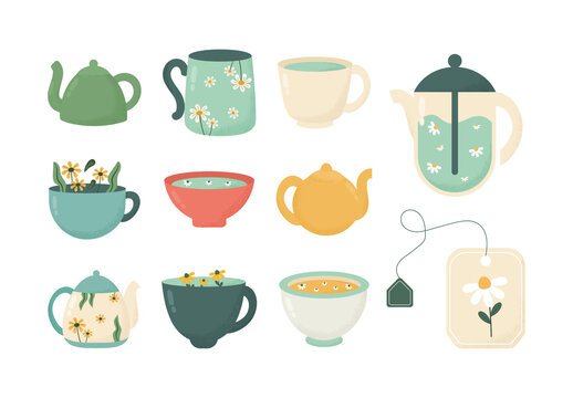 Colorful Tea Mug Herbal Pot Illustrations Set