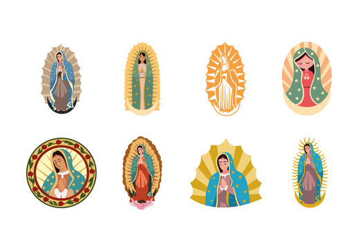 Colorful Virgen Guadalupe Catholic Religious Illustrations Set