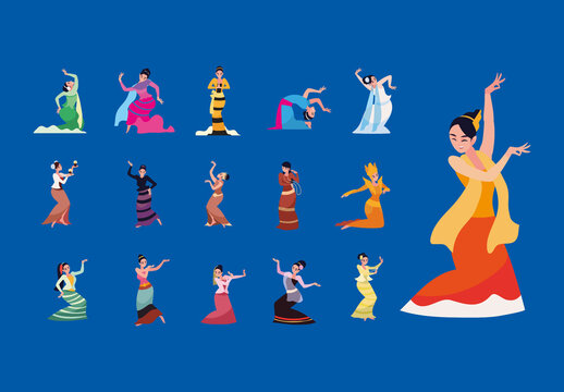 Colorful Myanmar Women Traditional Dance Illustrations Set