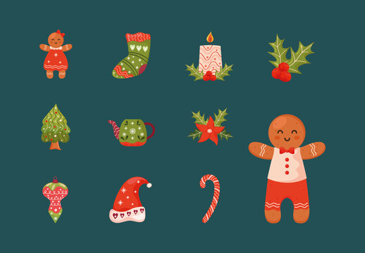 Green And Red Christmas Holiday Miscellaneous Illustrations Set