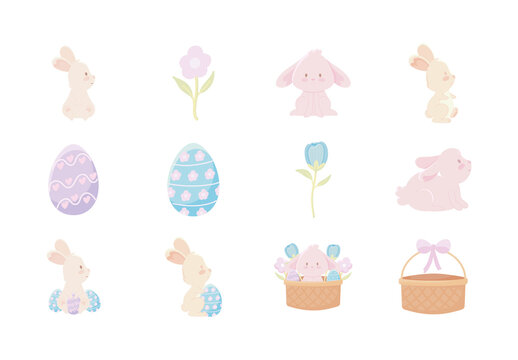 Pink And Blue Easter Bunny Season Illustrations Set