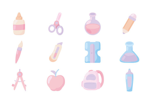 Pink And Blue School Supplies Illustrations Set