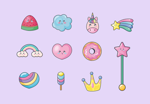 Pink Kawaii Uniorn Cute Illustration Set