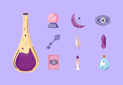 Purple And Pink Esoteric Magic Elements Illustrations Set