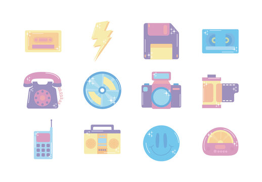 Colorful Retro Nostalgic Elements Illustrations Set