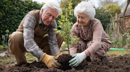 Fototapeta premium Elderly couple planting young tree in backyard garden together, wearing gloves and gardening clothes while working on soil and nurturing plant growth.