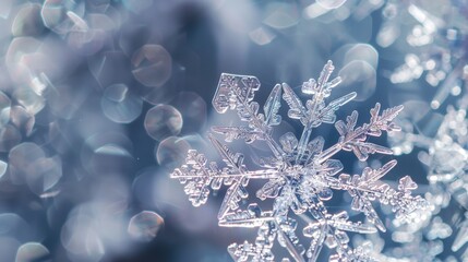 Close-up of a snowflake with intricate patterns against a blurred blue background. The scene captures the beauty of winter and frost.