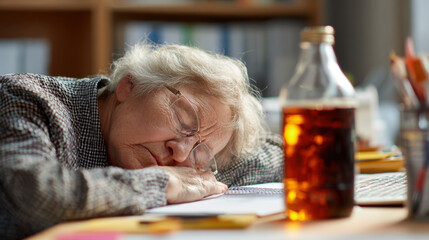 Elderly woman sleeping on a desk surrounded by papers, pen, and a glass bottle, with a cozy indoor atmosphere and natural light illuminating the setting.