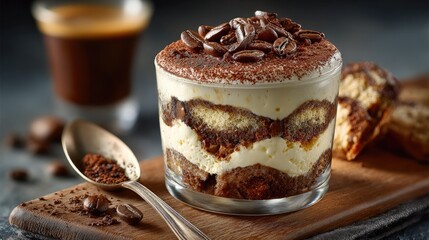 Tiramisu Dessert with Coffee Beans in Glass Cup