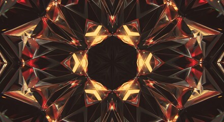 Abstract Crystal Facets with Red and Gold Light Reflections