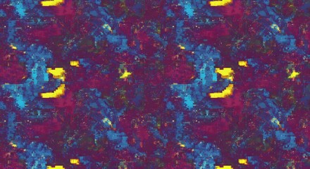 Abstract Digital Glitch Art with Geometric Patterns in Blue, Purple, and Yellow