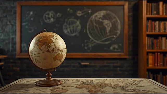 Vintage globe on a detailed map in a cozy study with chalkboard illustrations of celestial bodies