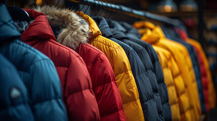 Colorful quilted jackets on hangers in a retail store.